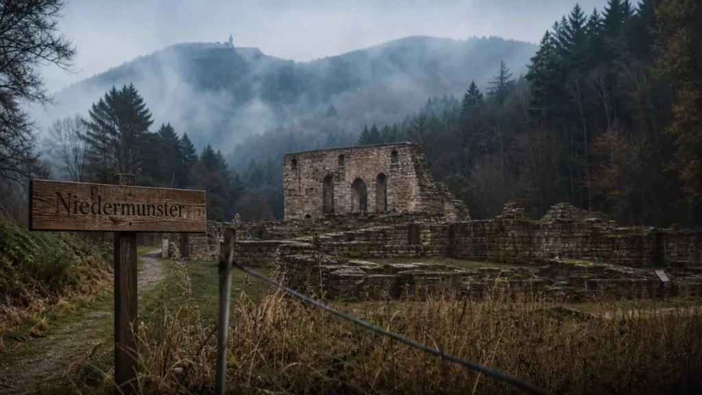 Abbaye de niedermunster : ruines romanes sous la brume vers le Mont Sainte-Odile