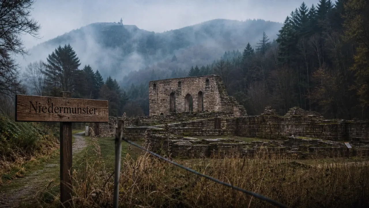 Abbaye de niedermunster : ruines romanes sous la brume vers le Mont Sainte-Odile