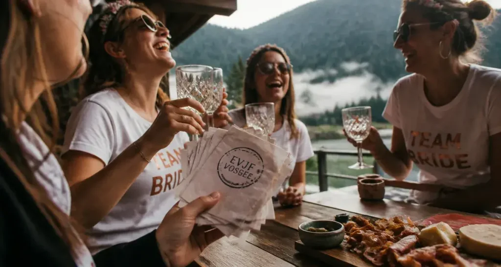 Activités EVJF Vosges : groupe de femmes en EVJF à un chalet près du lac