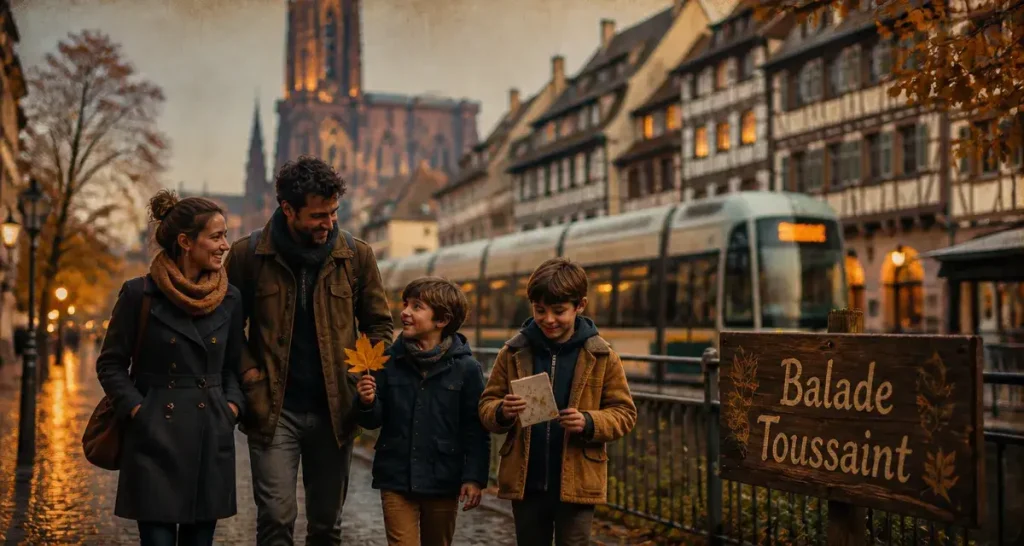 Activités vacances Toussaint Strasbourg : balade en famille près de la cathédrale, feuilles d’automne