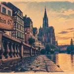 Alsace bas-rhin : quai de Strasbourg, cathédrale gothique et maisons