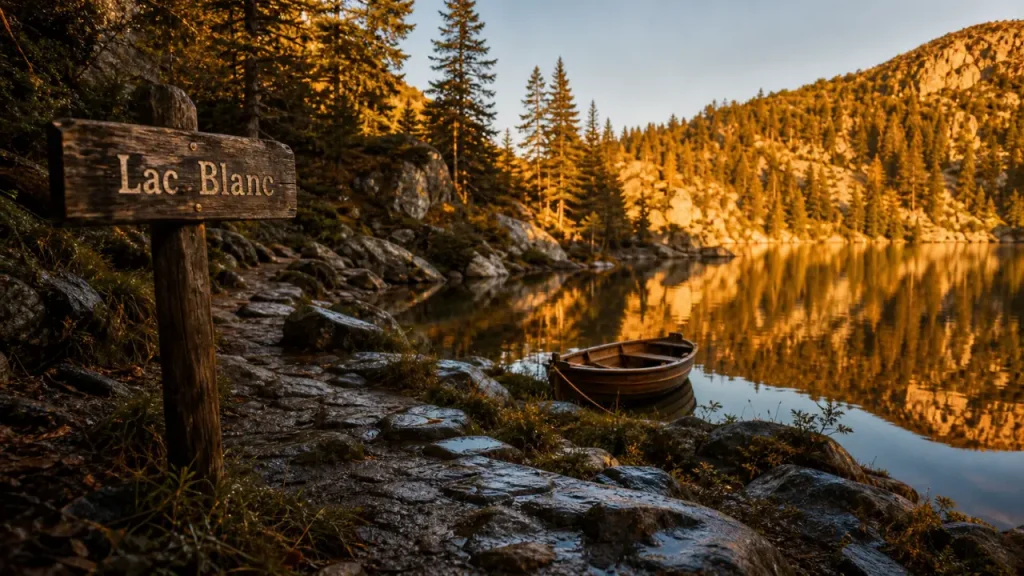 Vue du Lac Blanc en Alsace lac : sentier, reflets et barque