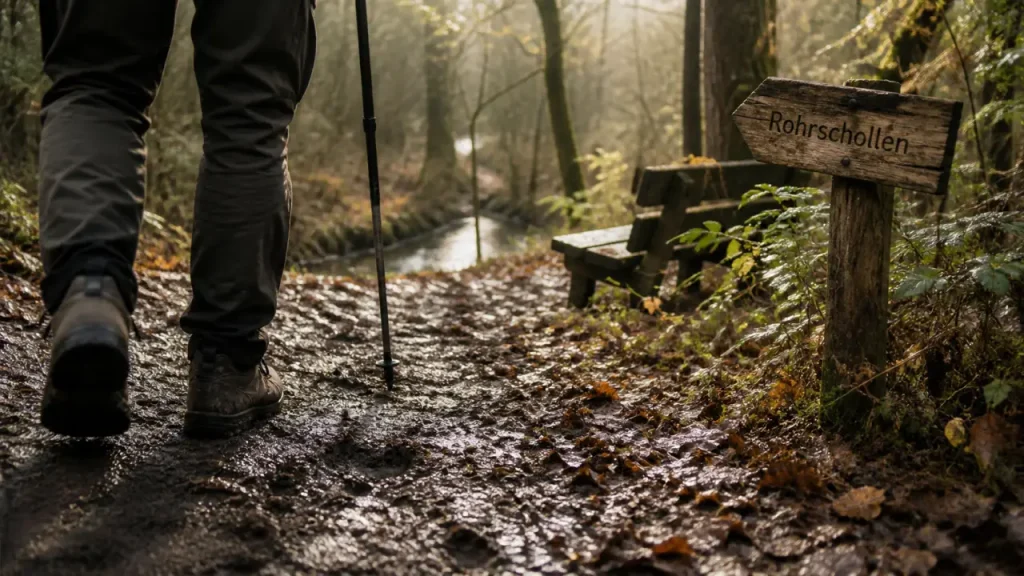 Balade autour de Strasbourg 10 km : sentier en forêt humide près de la rivière, chaussures et traces