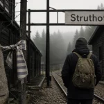 Camp de concentration en alsace à visiter : Struthof, visiteurs devant des baraques
