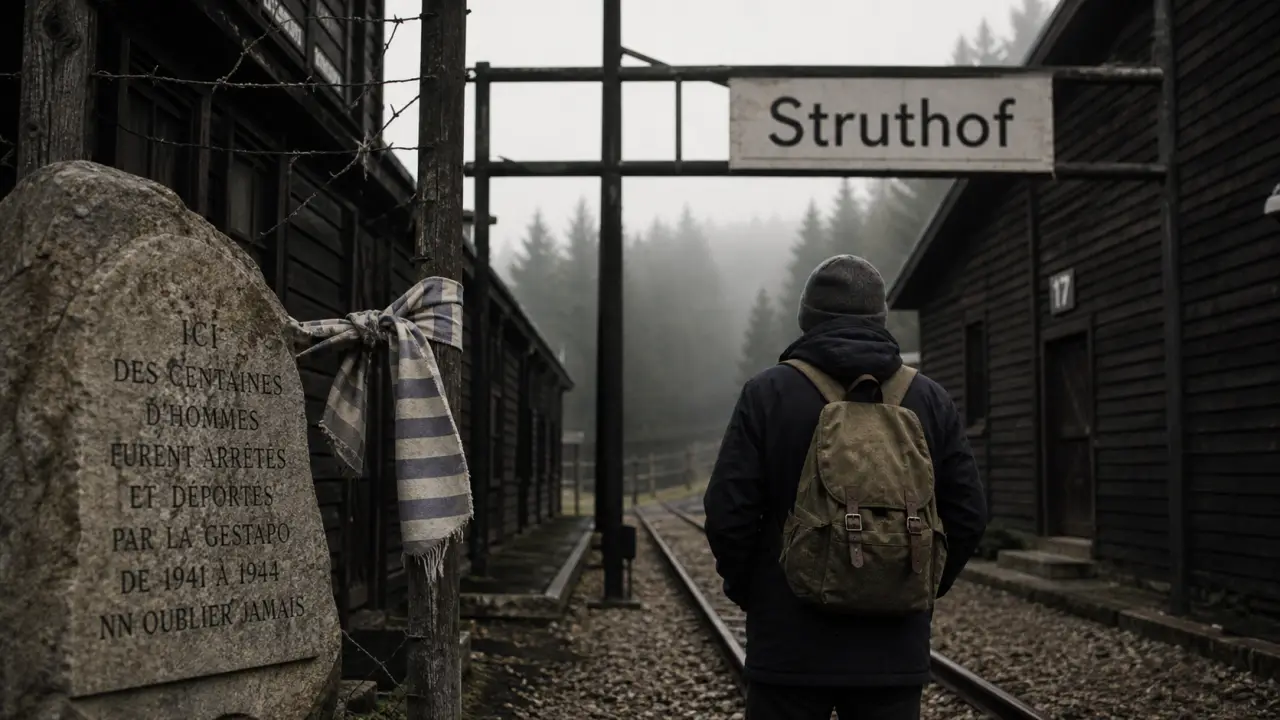 Camp de concentration en alsace à visiter : Struthof, visiteurs devant des baraques