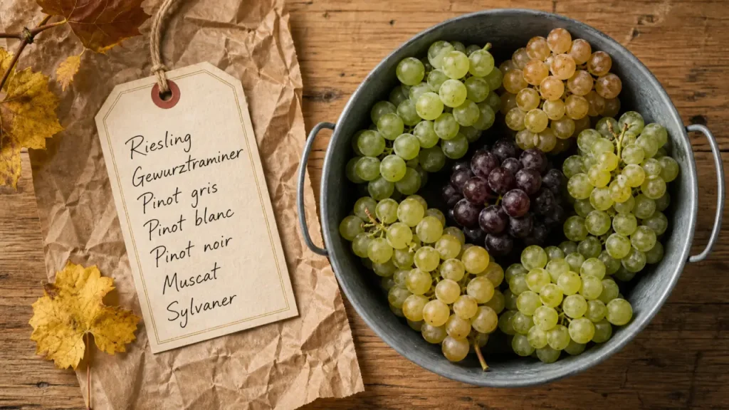 Cépages alsaciens : Riesling, Gewurztraminer, Pinot noir, 7 cépages