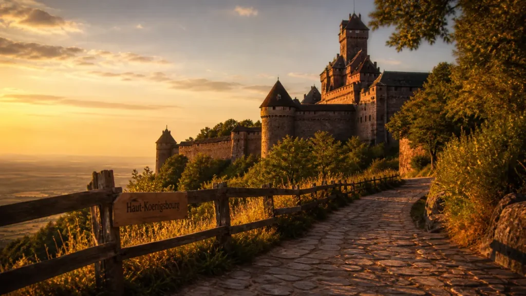 Chateau du haut koenigsbourg, vue panorama depuis un chemin en grès au coucher du soleil