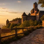 Chateau du haut koenigsbourg, vue panorama depuis un chemin en grès au coucher du soleil