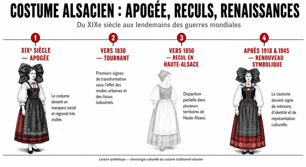 Alsace costume traditionnel : frise historique du XIXe siècle au renouveau patrimonial