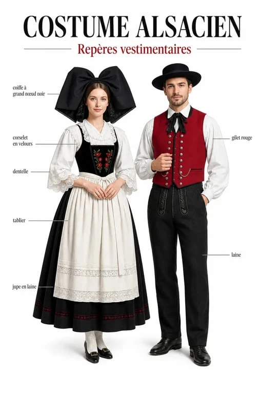 Alsace costume traditionnel : tenue féminine et masculine avec coiffe noire, corselet et gilet rouge