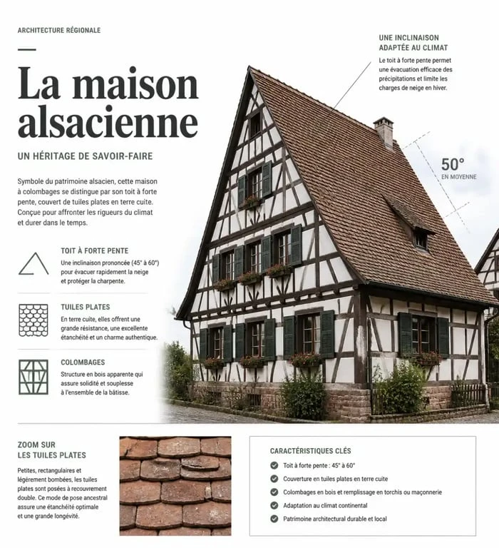 Maison alsacienne traditionnelle avec toit à forte pente et tuiles plates