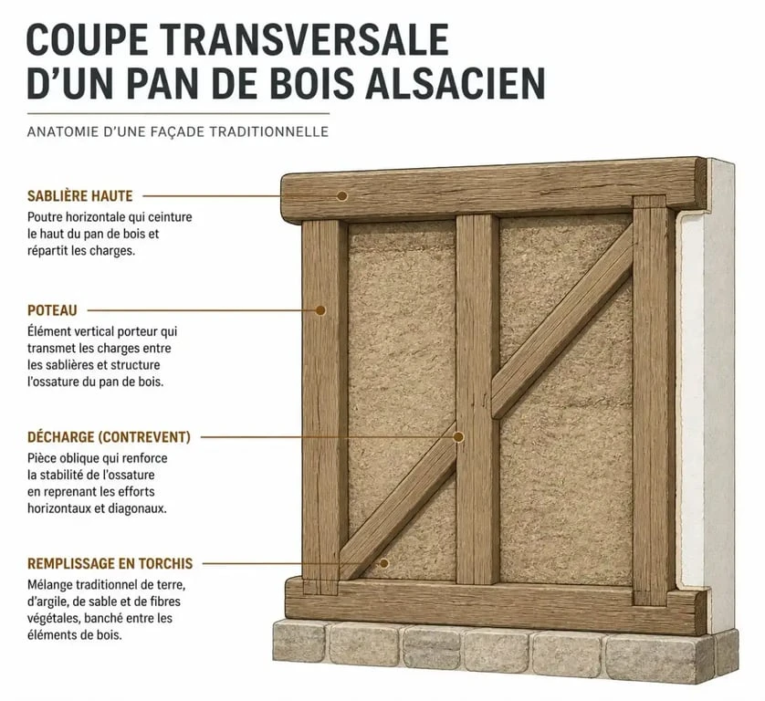 Schéma technique d'une structure en pan de bois typique de l'architecture alsacienne