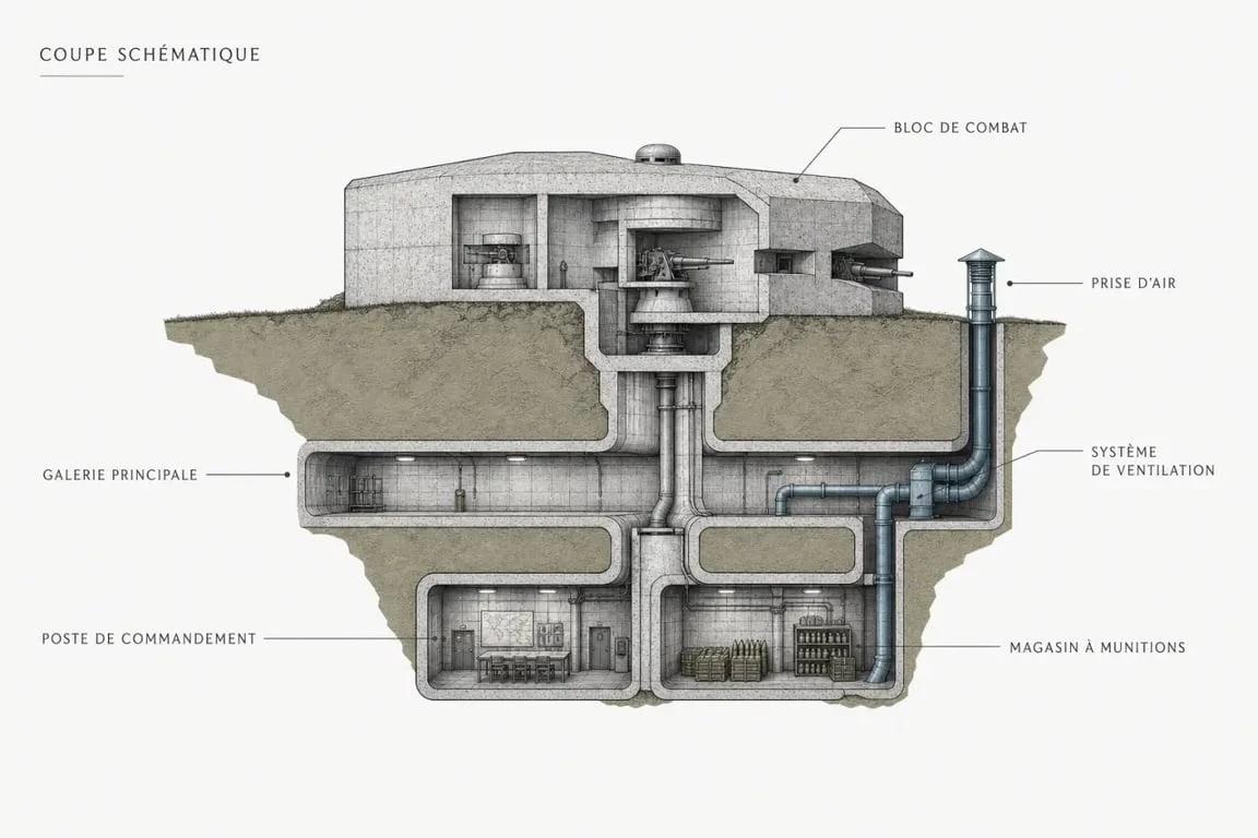 Ligne Maginot bunker en coupe montrant les galeries souterraines et le bloc de combat