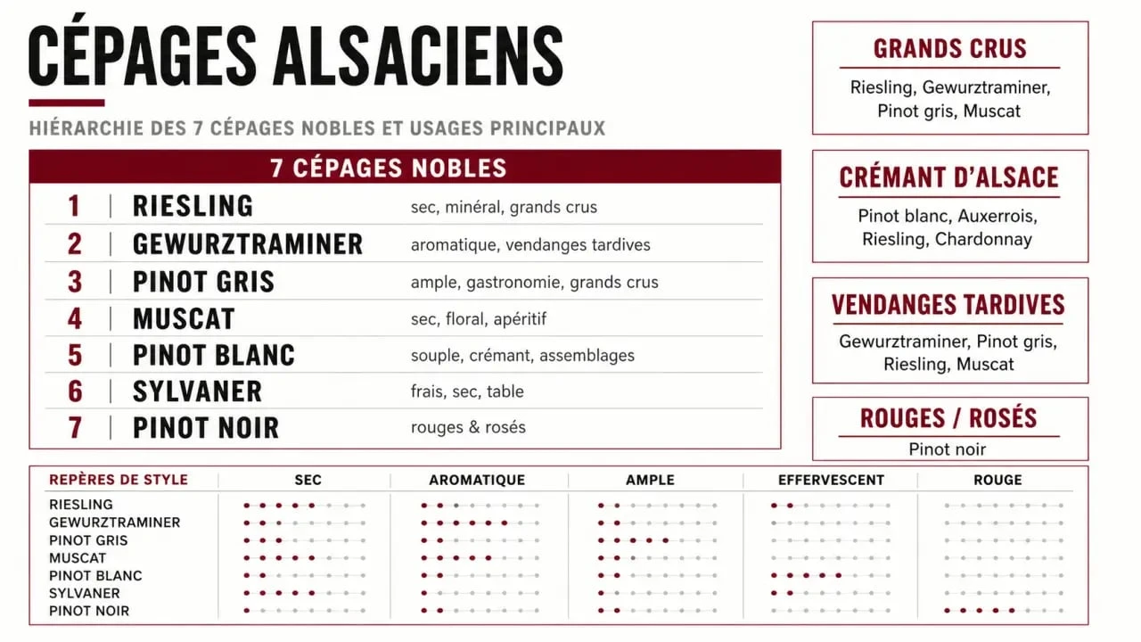 Cépages alsaciens : visuel comparatif des 7 cépages nobles et de leurs usages