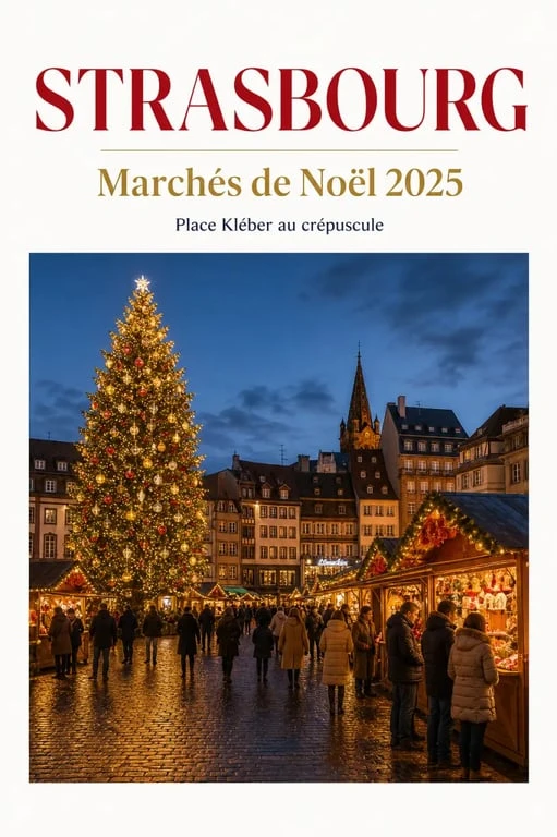 Marchés de noel strasbourg 2025 à la place Kléber avec le Grand Sapin illuminé et les chalets de Noël