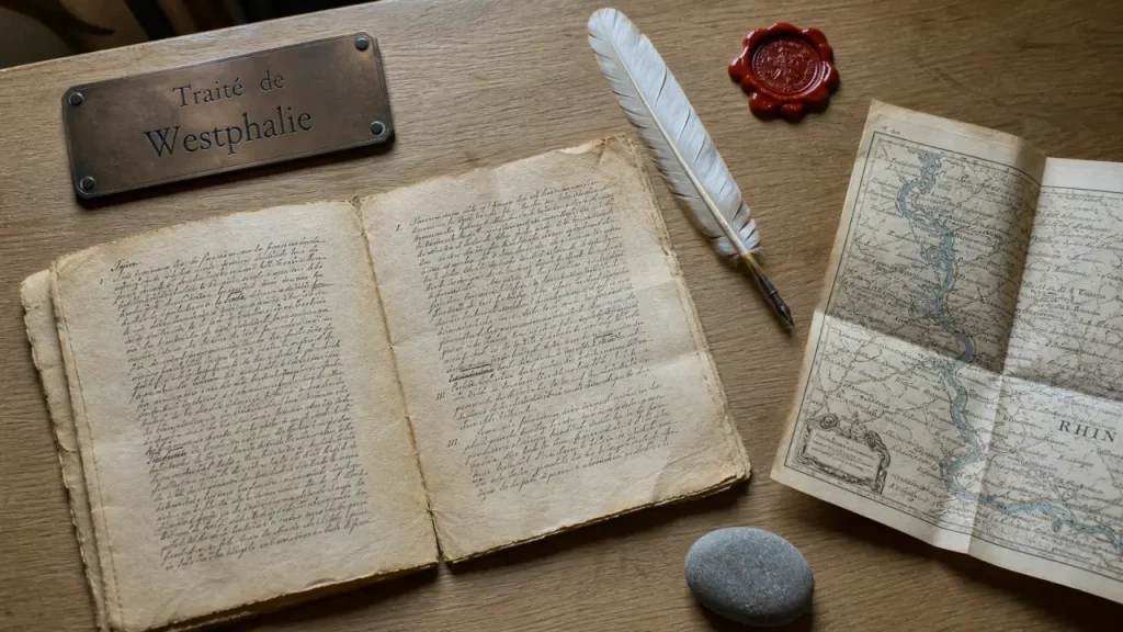 Histoire de l Alsace : Traité de Westphalie et carte du Rhin, documents historiques