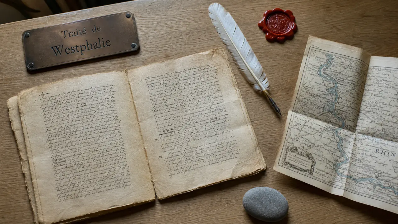 Histoire de l Alsace : Traité de Westphalie et carte du Rhin, documents historiques
