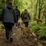 La montagne des singes à Kintzheim : visiteurs et magots de Barbarie dans la forêt