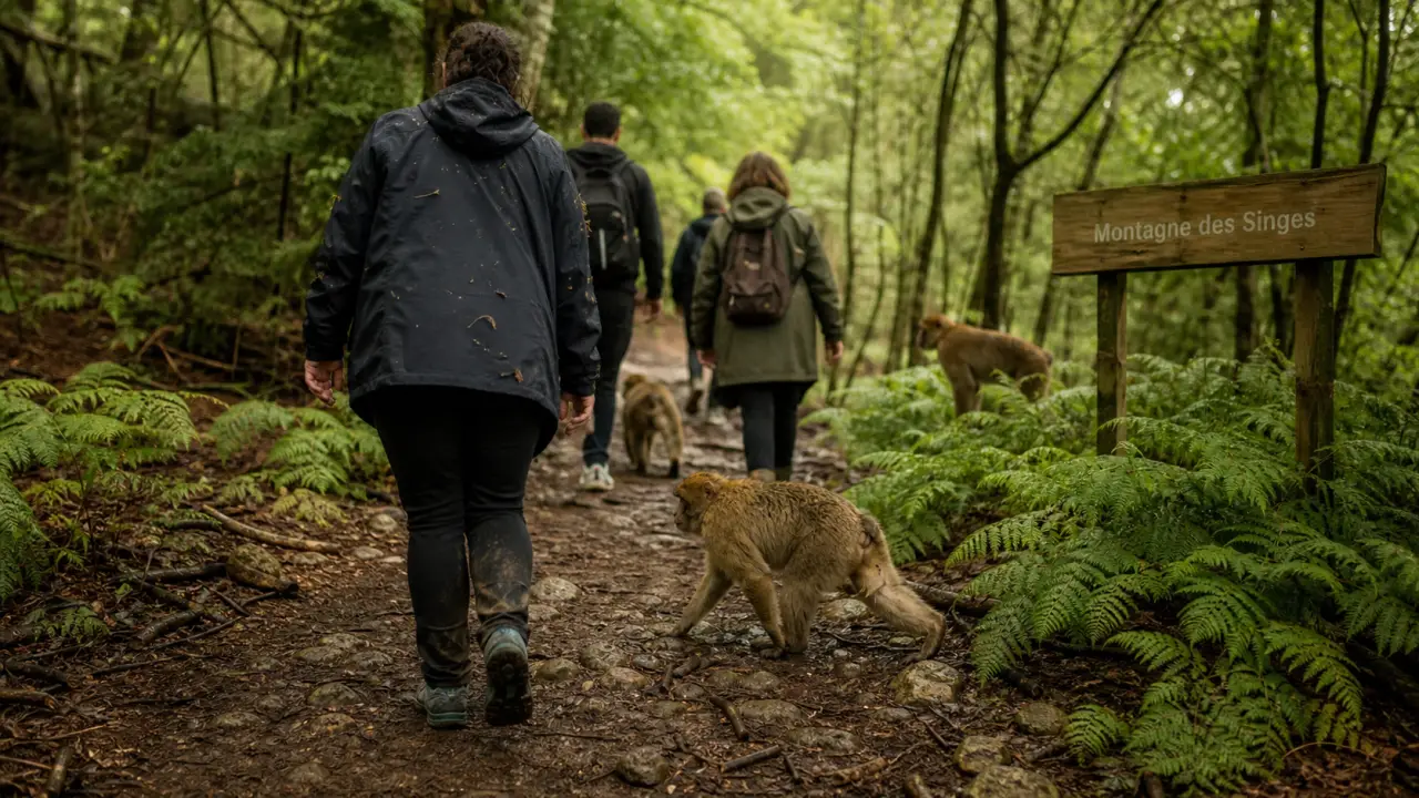 La montagne des singes à Kintzheim : visiteurs et magots de Barbarie dans la forêt