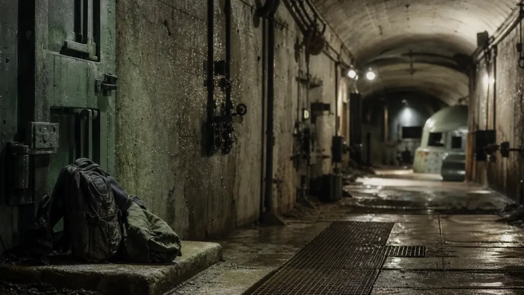 Ligne maginot bunker : entrée souterraine en Alsace, couloir béton et casemate