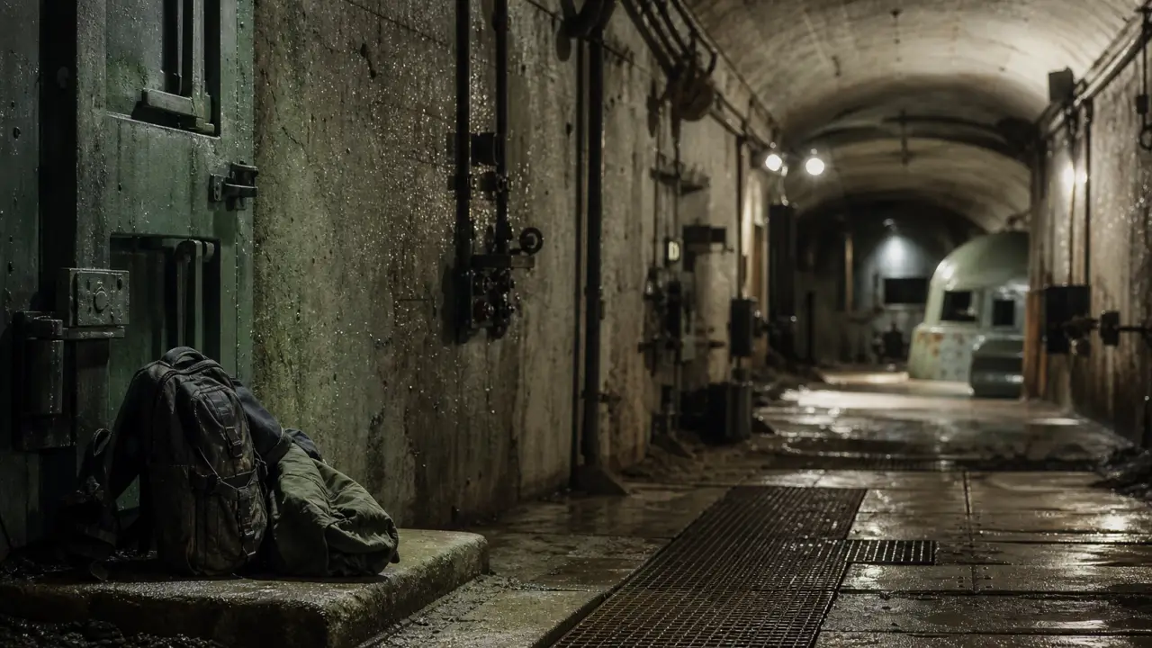Ligne maginot bunker : entrée souterraine en Alsace, couloir béton et casemate