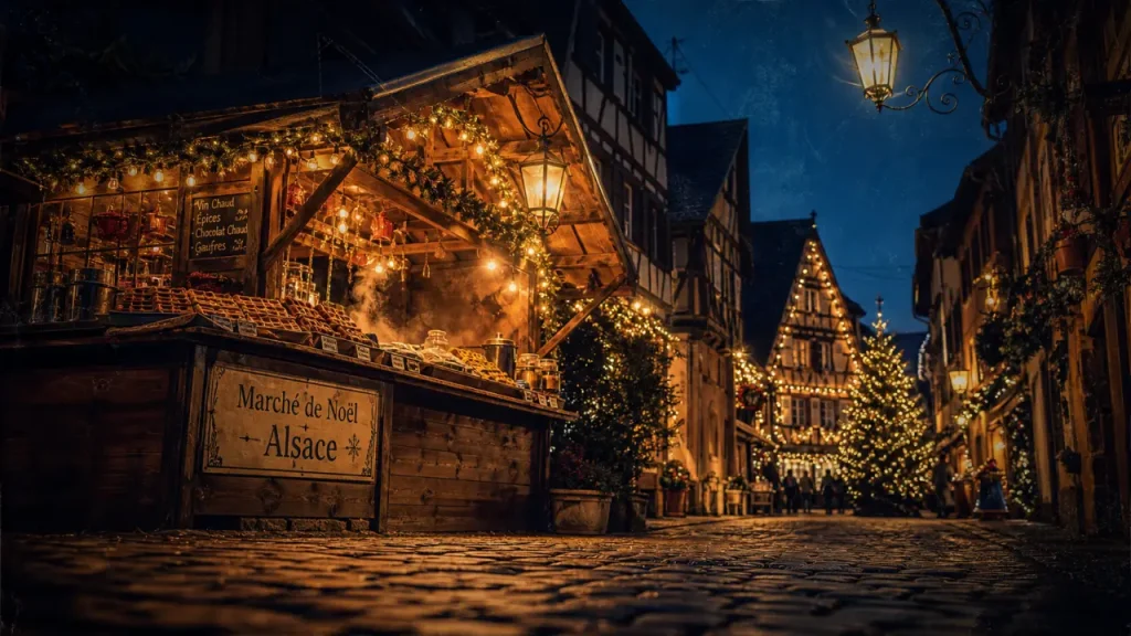 Marché de noel alsace : rue illuminée et chalet en bois