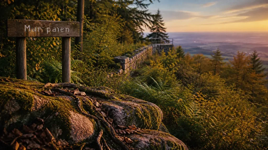 Mont Sainte-Odile, mur païen sur sentier de randonnée, golden hour