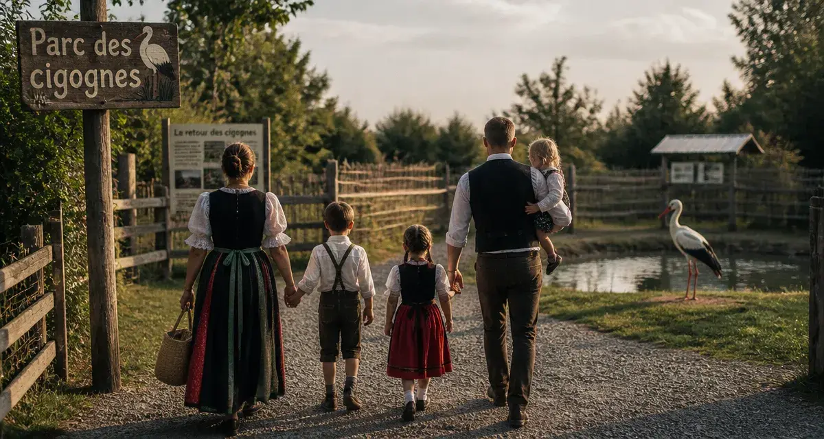 Parc des cigognes alsace : famille devant une cigogne au parc