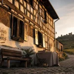 Plus beaux villages d’Alsace : maison à colombages et route des vins en golden hour