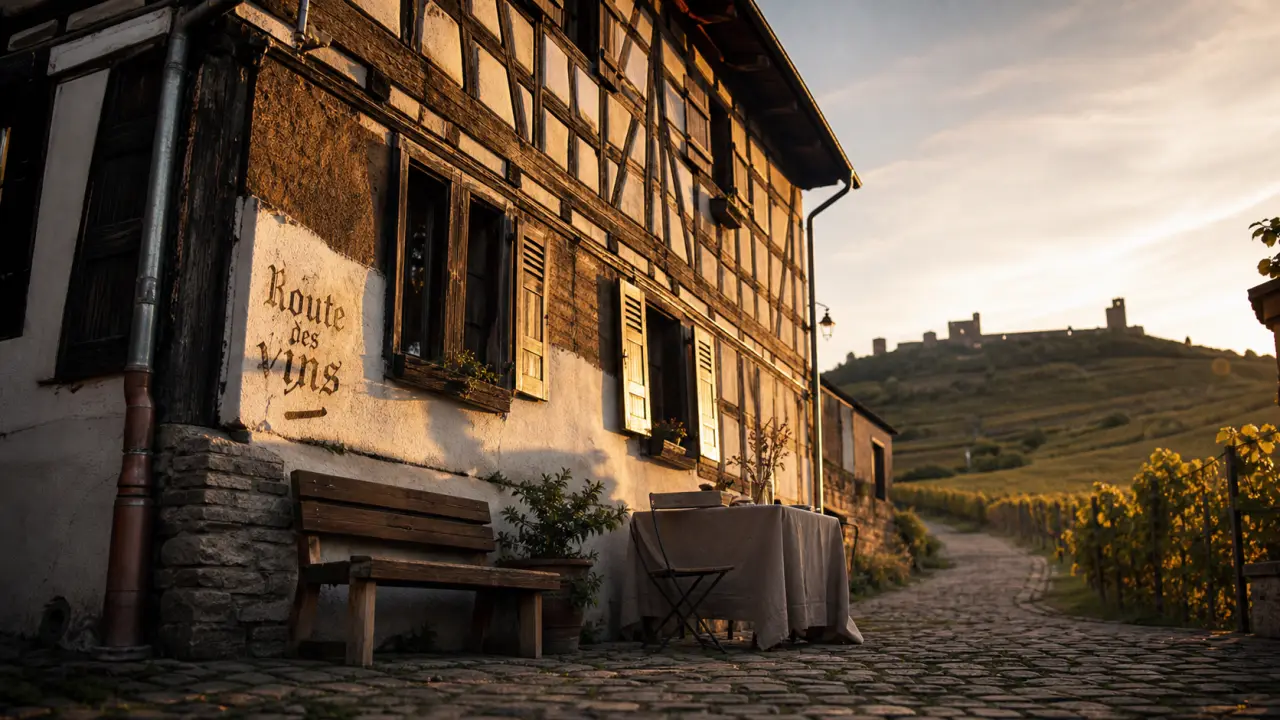 Plus beaux villages d’Alsace : maison à colombages et route des vins en golden hour