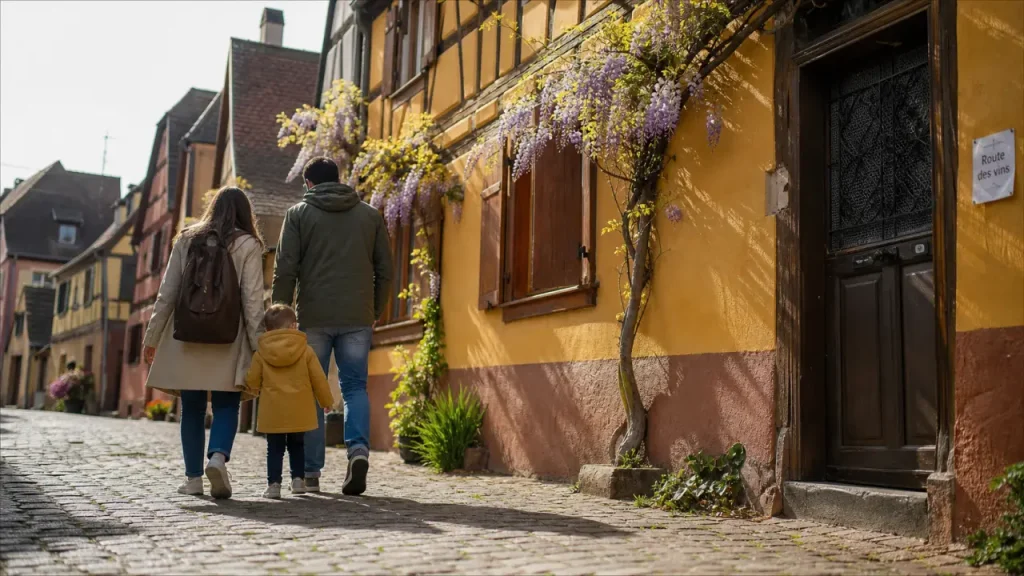 Que faire le 8 mai en Alsace : couple et bébé à Éguisheim, ruelle alsacienne