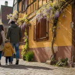 Que faire le 8 mai en Alsace : couple et bébé à Éguisheim, ruelle alsacienne