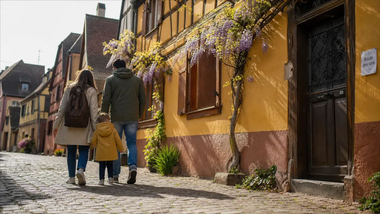 Que faire le 8 mai en Alsace : couple et bébé à Éguisheim, ruelle alsacienne