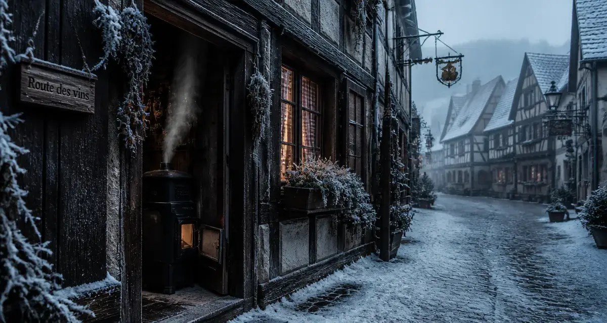 Ruelle alsacienne en hiver, que visiter en alsace en hiver, maisons à colombages sous la neige