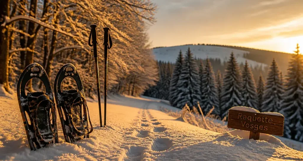 Randonnée en raquette dans les Vosges : raquettes et crête enneigée