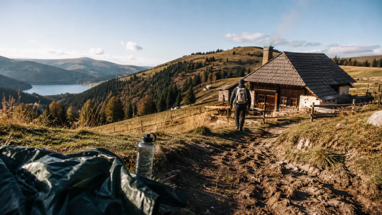 Randonnée vosges 2 jours ferme auberge : marcheur sur sentier des Vosges, gourde et bâche de randonnée