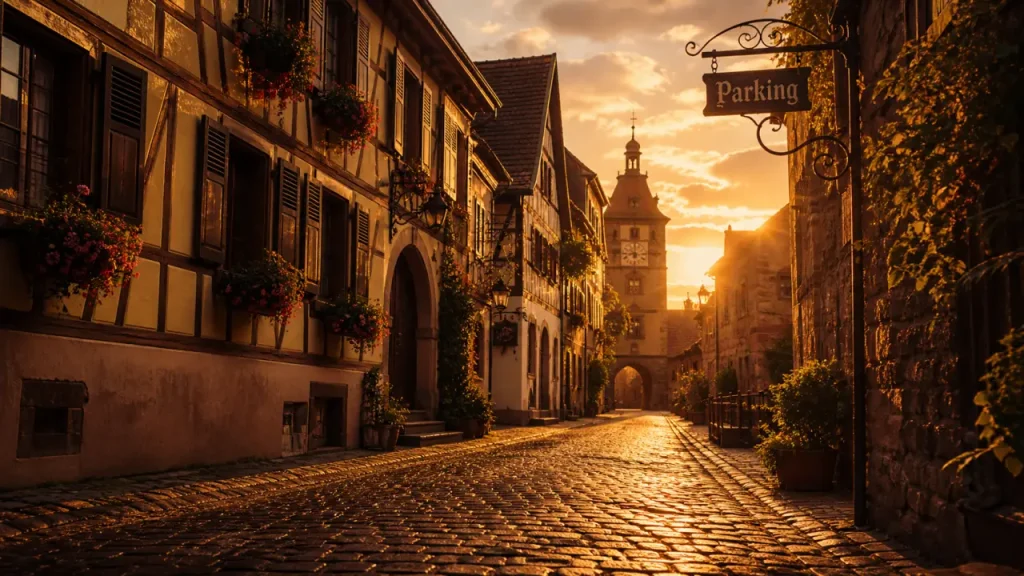 Riquewihr Alsace : ruelle, Dolder et panneau Parking