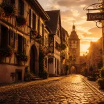 Riquewihr Alsace : ruelle, Dolder et panneau Parking