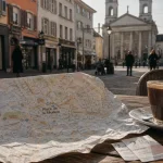 Rues de Mulhouse : Place de la Réunion avec temple Saint-Étienne en arrière-plan