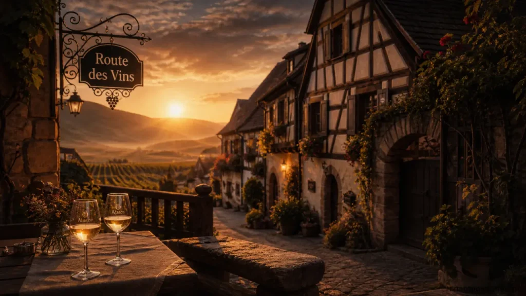 Villages touristiques Alsace, route des vins : maisons à colombages et vignoble au golden hour