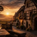 Villages touristiques Alsace, route des vins : maisons à colombages et vignoble au golden hour