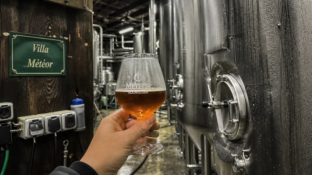 Visiter brasserie Alsace à Hochfelden : verre de dégustation près des cuves