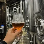 Visiter brasserie Alsace à Hochfelden : verre de dégustation près des cuves