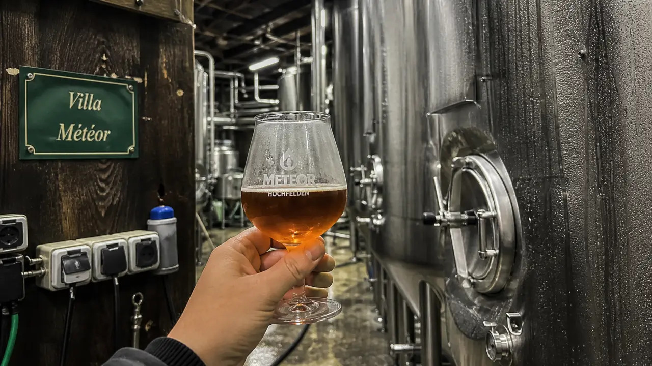 Visiter brasserie Alsace à Hochfelden : verre de dégustation près des cuves