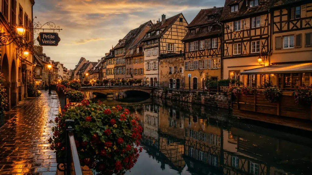 Visiter Colmar : Petite Venise, reflets et géraniums au golden hour à Colmar