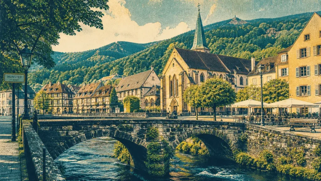 Visiter munster alsace : pont de pierre sur la Fecht près de l’abbaye Saint-Grégoire
