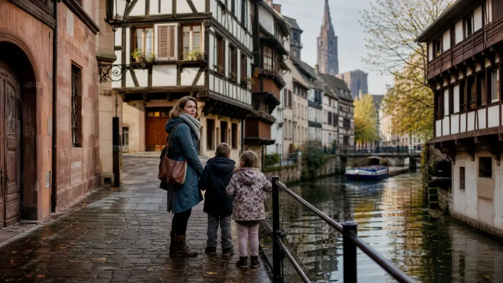 Visiter Strasbourg : ruelle de la Petite France avec la cathédrale au fond