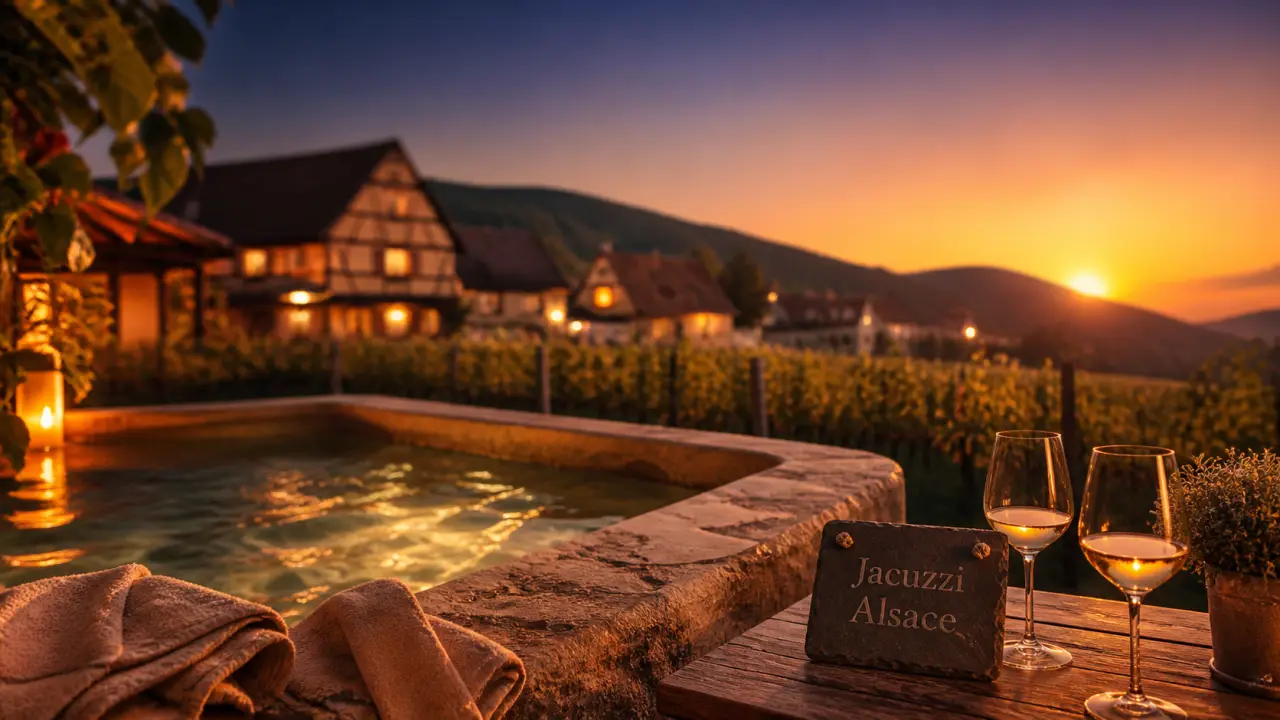 Week end amoureux Alsace jacuzzi : terrasse privée, vignes et maisons à colombages