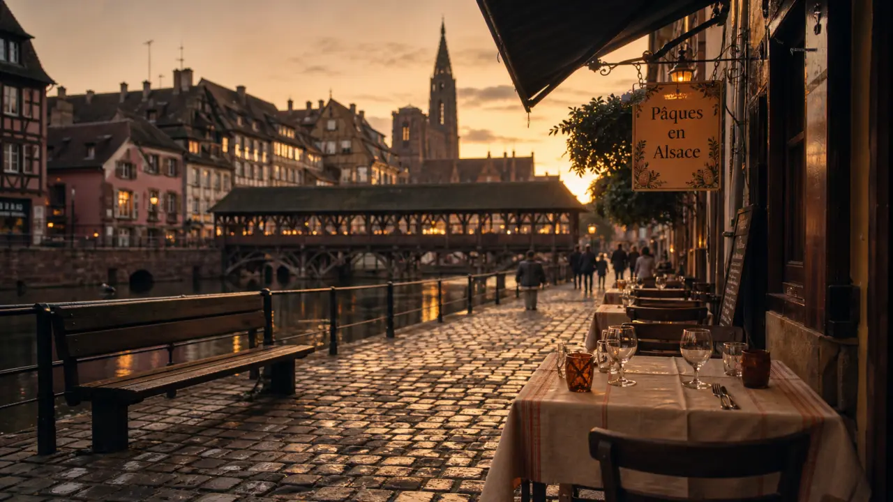 Week end de paques 2026 alsace à Strasbourg, quai et pont sur l’Ill, ambiance golden hour