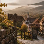 A visiter en alsace haut rhin : village viticole sur la route des vins et crêtes vosgiennes brumeuses